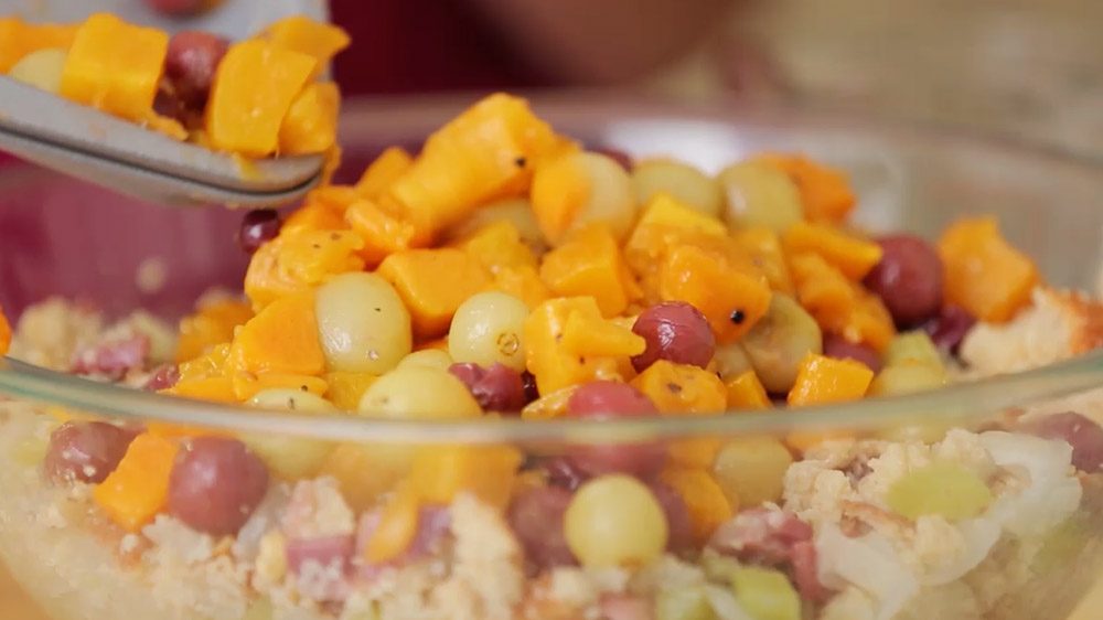 Cornbread Dressing with Roasted Grapes, Walnuts, and Pancetta Grapes