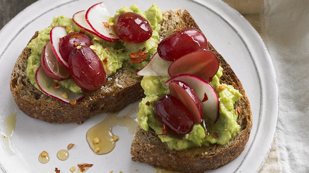 avocado-toast-with-grapes-and-radishes